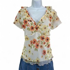 Vintage Y2K Babydoll Top L Ruffle V-Neck Yellow Floral Fairy Cottagecore Easter