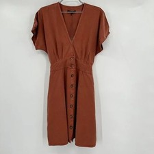 Quince Vintage Wash Tencel Button Front Dress with Tie Waist sz XS Terracotta