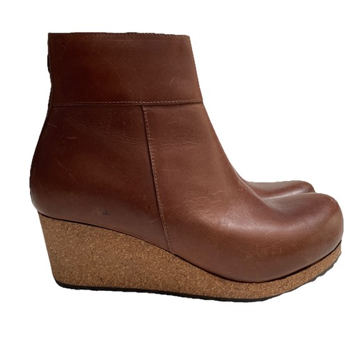 Birkenstock 38 Boots Papillio Ebba Ankle Wedge Brown Leather Side Zip NWOT