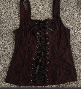 Social Collision Womens Sz Large Lace Up Back Zip Corset Top Burgundy And Black
