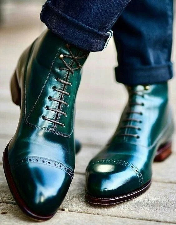 's Green Color Leather Oxford Cap-toe Lace Up Dress Formal Boots