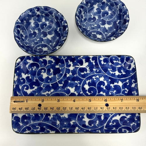 2er Set Asiatische Blumen Sushi Teller & Reis oder Dip Schale Kobaltblau & Weiß - Bild 12 von 15