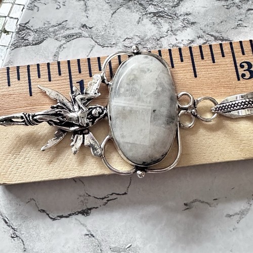Elegant Rainbow Moonstone Pendant Large Oval Stone Silver Tone Angel Fairy Motif - Picture 8 of 9