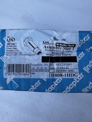 (Box Of 100) Lindapter Hollo-Bolt HB08-1 HDG M8 (5/16 ) Size 1 LHBM08#1 Hex Head
