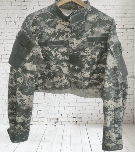 Vintage Army Jacket Top Cropped Customised Unique Camouflage Green Size Medium - Picture 2 of 6