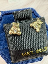 14K Yellow Gold Teddy Bear Stud Earrings For Women