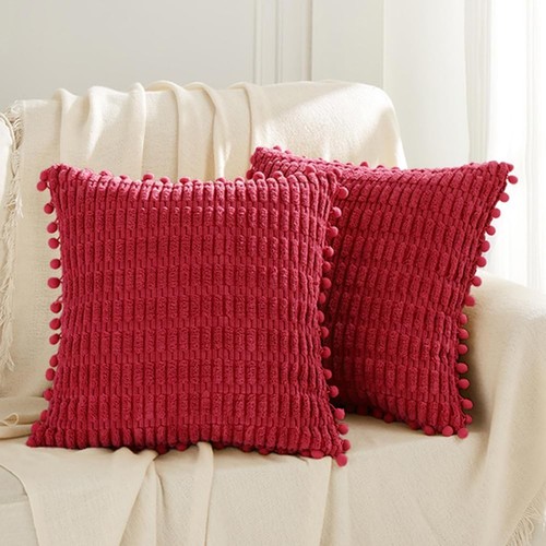 2 Packs Red Decorative Throw Pillow Covers 18x18 Inch with Pom-poms for Couch...