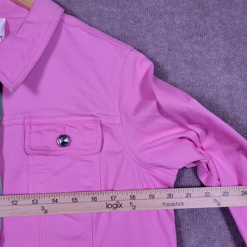 QUACKER FACTORY Jacket Women's Medium Pink Jean Rhinestone Buttons Palm Tree Hem - Picture 3 of 6