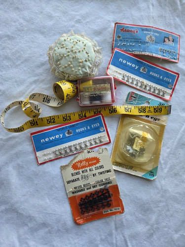 Vintage Sewing Notions Lot – Hooks & Eyes, Tape Measure, Pin Cushion, Nelly Fast