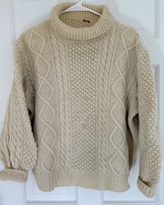 Vintage Aran Style 1960s Hand Knit Wool Fisherman's Sweater Womens L Made in USA