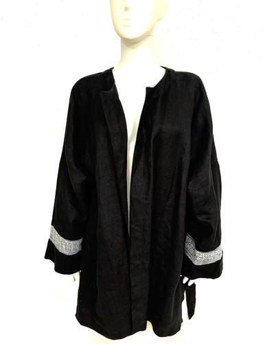Eskandar Neiman Marcus Black Linen Oversized Jacket Kimono W Blue Accent Sz 1 - Picture 1 of 15