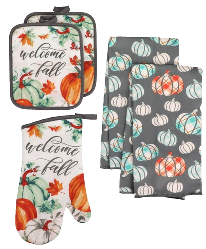5pc KITCHEN SET:2POT HOLDERS,1OVEN MITT&2TOWELS,HARVEST PUMPKINS,WELCOME FALL,MB - Picture 1 of 13