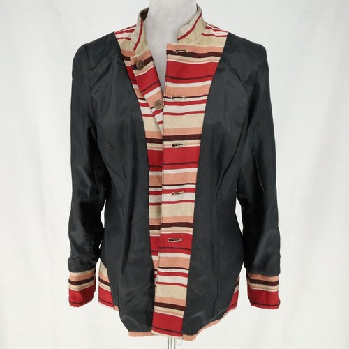 Kasper Jacket Petites 10P Red Beige Black Stripe Lined Mandarin Collar Blazer - Picture 12 of 17