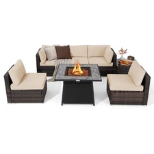 7 PCS Patio Furniture Set w/ 35" Propane Gas Fire Pit Table & Waterproof Cover