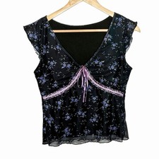 Y2K Floral Mesh Babydoll Top Womens Size M Whimsigoth Fairy Bow Coquette Romwe