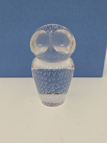 Signed Kosta Boda Glass Owl, 3" x 1.75", Hand Etched, Damaged, Used - Picture 1 of 10