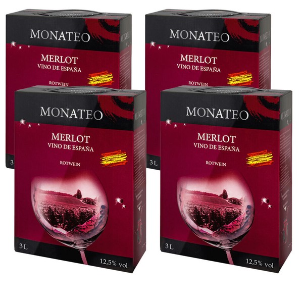 Monateo Merlot Rotwein, Trocken, Bag-In-Box, Sortenreines Weinpaket (4X3,0L)-image
