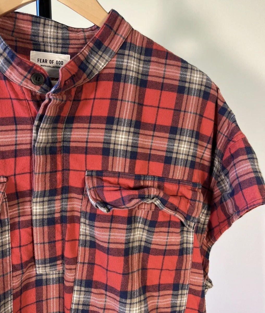fear of god 6th plaid flannel shirtネルシャツ Fear Of God Red Flannel Henley ShortSleeve Plaid Shirt SZ L
