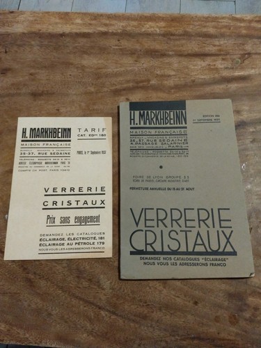 VERRERIE CRISTAUX , MARKHBEINN Paris 1937 + Tarifs Édition 180 Ancien Catalogue