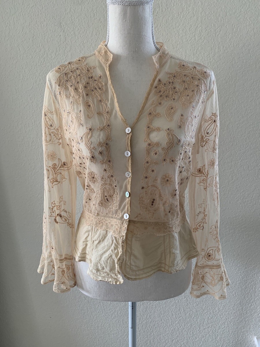 90's Y2K top sheer 3/4 sleeve beige/nude NIC+ZOE size SMALL