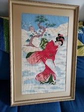 Completed Needlepoint Geisha Girl KIMONO Framed 19x28 Won A BLUE Ribbon 