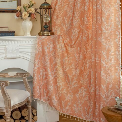 Floral 96 Inch Curtains 2 Panel Set Orange Semi Sheer Drapes White Leaves Far...