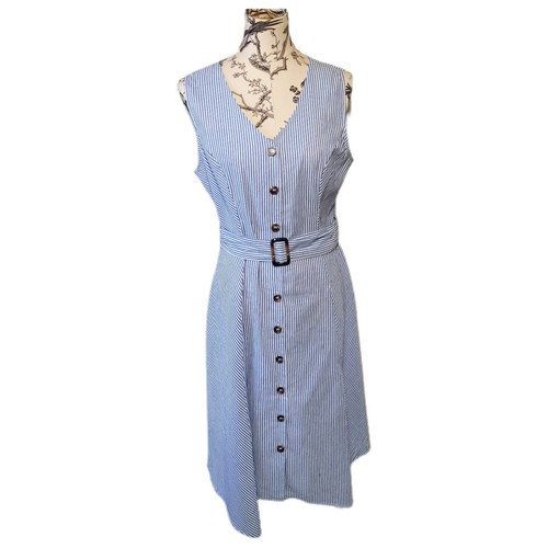 Parallel Skies Size L Beachy Button Down Dress Blue & White Stripes W/ Belt