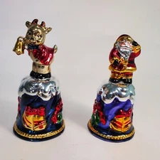 Christmas Dinner Glass Bell Santa & Rudolph Reindeer Metallic Hand Painted 2 set