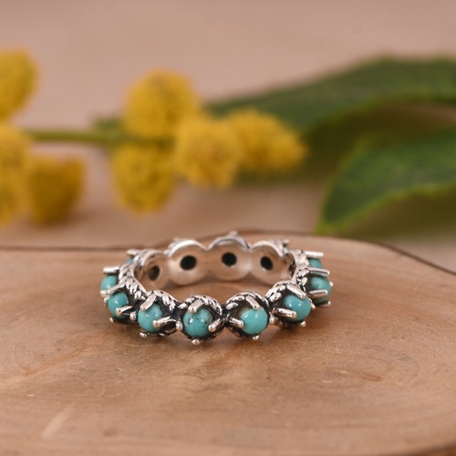 925 Sterling Silver Arizona Turquoise Eternity Band Ring Silver Jewelry For Gift - Picture 5 of 11