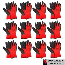12 Pair A-Grip Red Safety Work Gloves Latex Rubber Coated Grip Cut Resistant