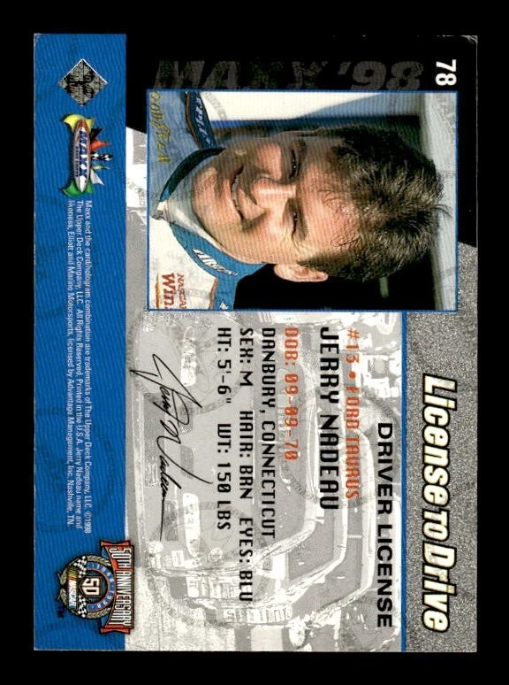 JERRY NADEAU SIGNED 1998 MAXX RACE CARDS #78 NASCAR ON-CARD AUTO - Image 2 of 2