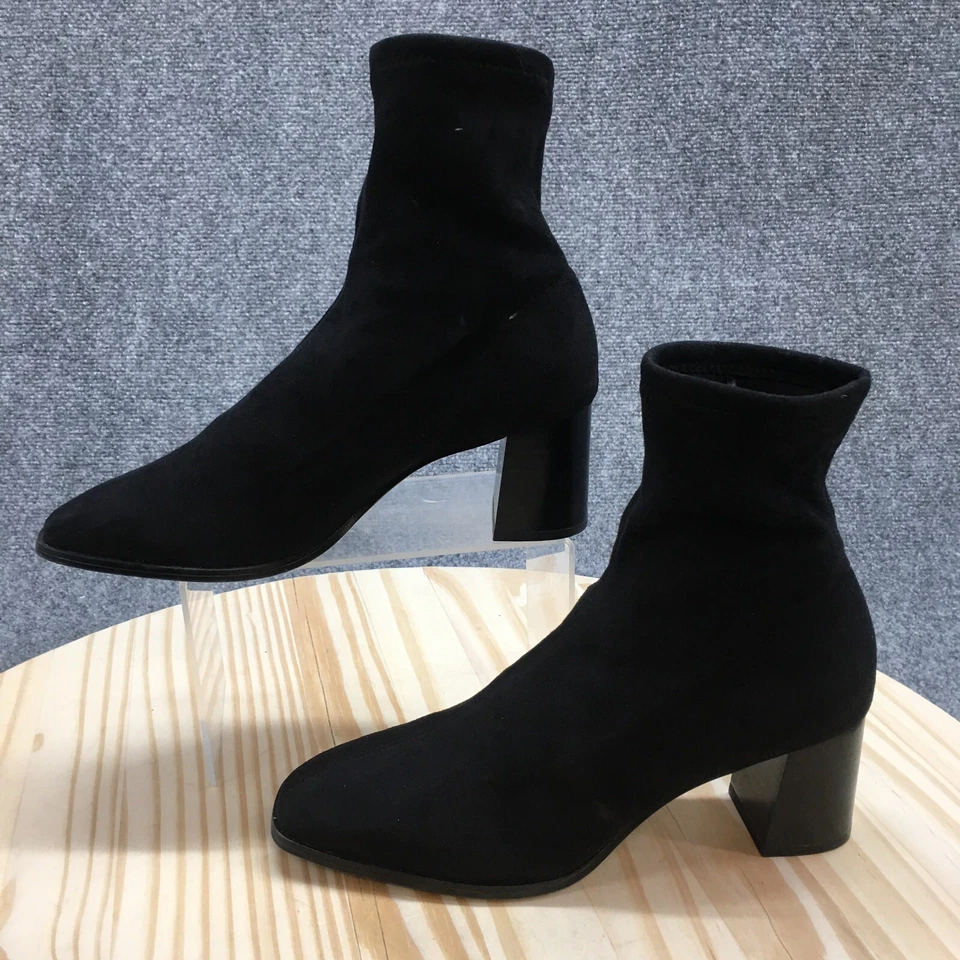 H&M Boots Womens 40 Casual Pull On Ankle Sock Bootie Black Fabric Block Heels - Imagem 2 de 4