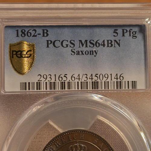 Germany, Saxony, Johann, 5 Pfennige 1862 B, PCGS MS 64 BN - Video 1 of 1