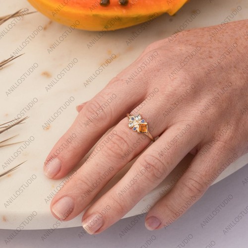 Real Citrine, Aquamarines, Blue Sapphires & Diamond Cluster Band Ring 14k Gold - Picture 6 of 9