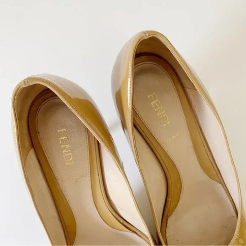 Fendi Patent Leather Zucchino Logo Heel Peep Toe Platform Pumps Beige Size 36.5 - Picture 8 of 9