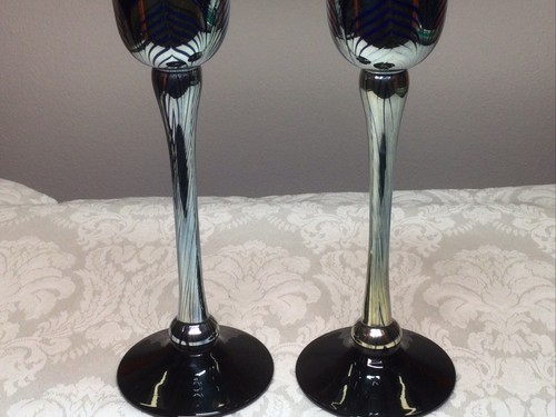 Correia Art Glass Black w BLUE Pulled Feather Candlesticks 10.5”Signed SCFA (2) - Picture 4 of 15