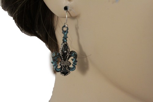 New Women Metal Western Fashion Jewelry Earrings Set Fluer De Lys Turquoise Blue - Picture 10 of 10
