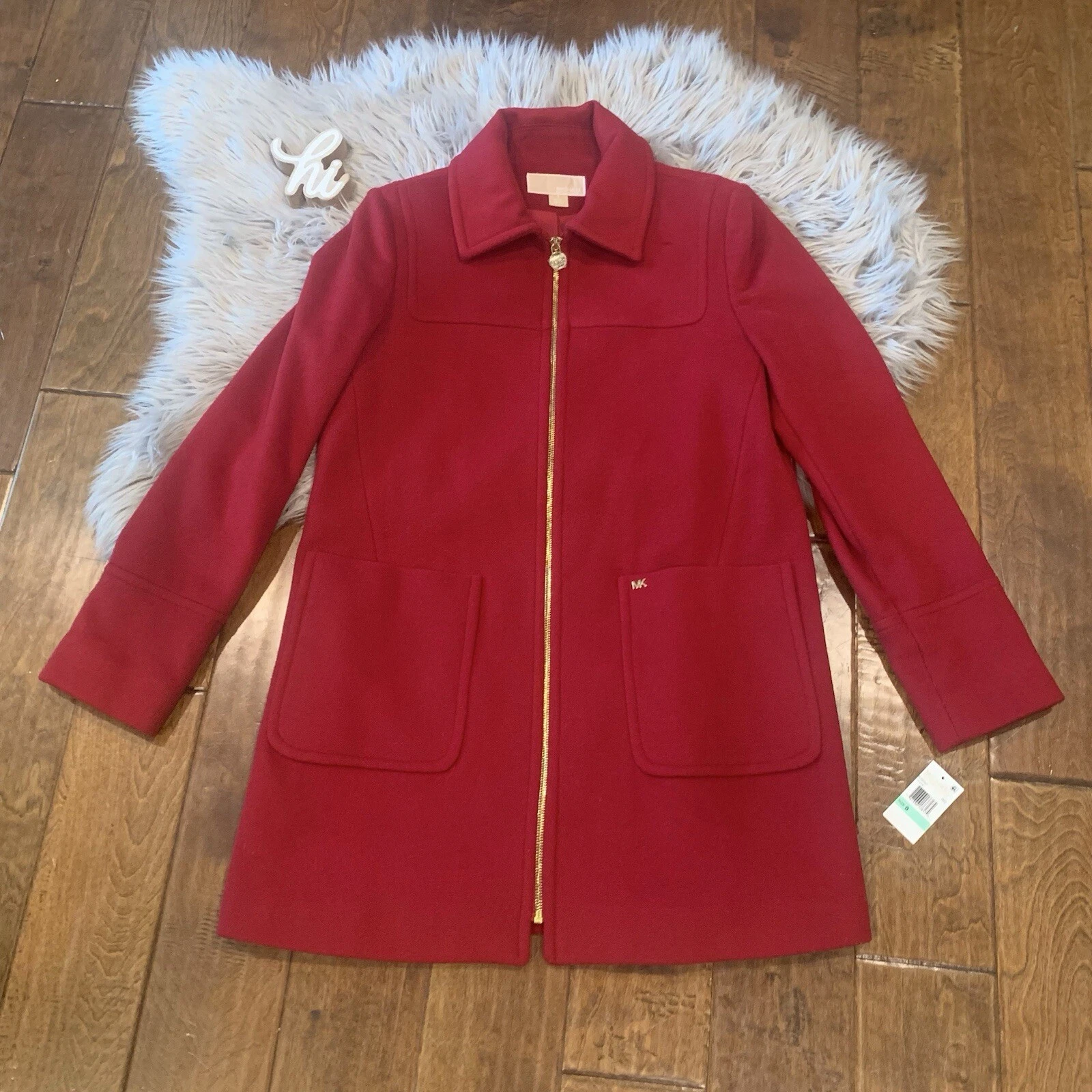 Cappotto da donna rosso Michael Kors taglia 8 misto lana cerniera oro nuovo