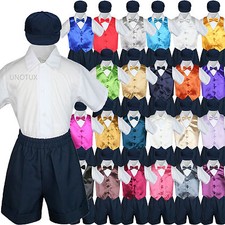 5pc Baby Boys Toddler Formal Vest Shorts Navy Suit Satin Vest Bow Tie Set S-4T