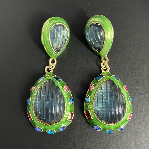 Gripoix Style Resin Earrings Rhinestone Pierced Dangle Gold Blue Bold Statement - Picture 9 of 9
