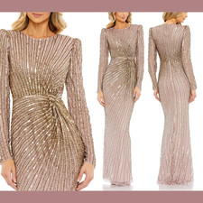 NWT 598 Mac Duggal 6 Embellished Puff Sleeve Side Knot Gown Mocha Q731