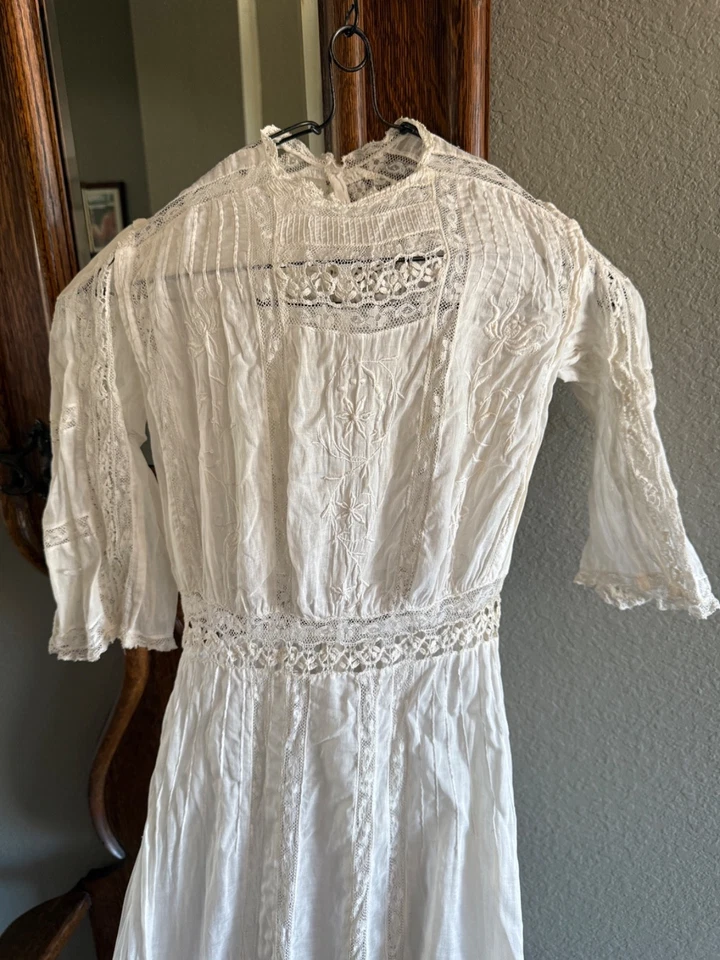 Antique Edwardian White Cotton Embroidered Tea Dress Lace Bridal Wedding Vintage - Image 3 of 4