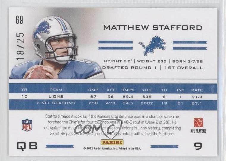 2011 Panini Totally Certified Totally Gold /25 Matthew Stafford #69 - Image 2 of 2
