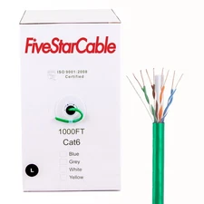 FiveStarCable 1000Ft Cat6 CMR Riser Rated Solid Bare Copper UTP 4 Twisted