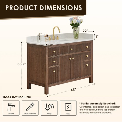 Cerrito 48" Wood Vanity in Brown Brushed Oak Engineered Stone Top no Mirror - Picture 11 of 15