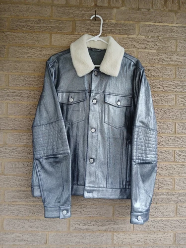 Giacca Michael Kors Uomo Metallizzata Moto Trucker Sherpa Collare Argento XL