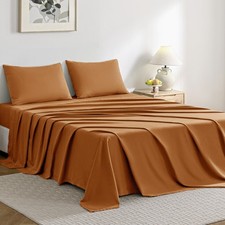 Set King Size 4pcs Cotton Caramel Easy-Fit 16 Inch Deep Pocket 100 Washed Co...