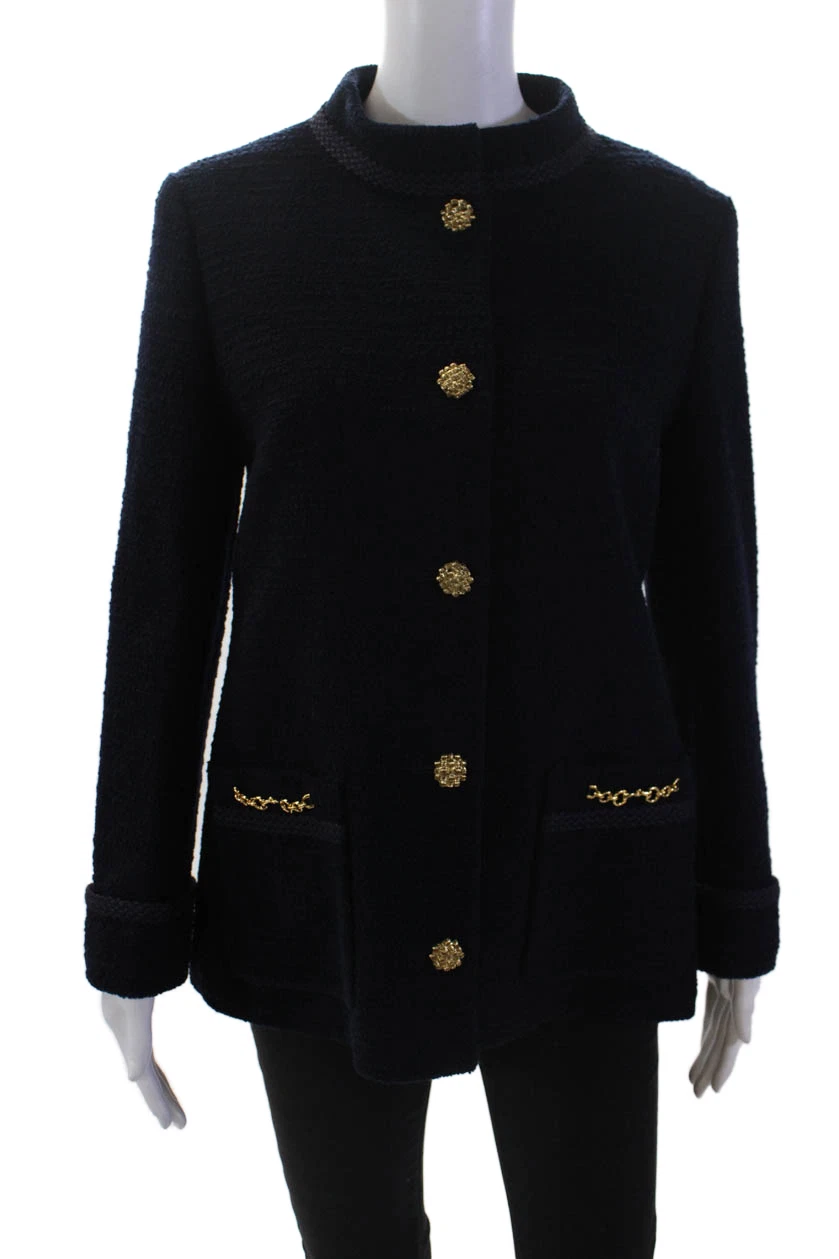 Giacca donna Gucci bottoni davanti maglia tasca cavallo lana navy taglia IT 44