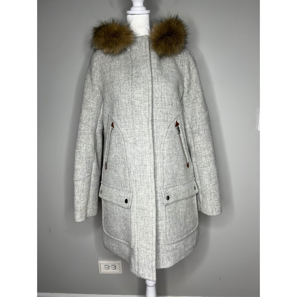 J.Crew Chateau Parka Italian Stadium Cloth Wool Grey Removable Fur Women's 6 View 2