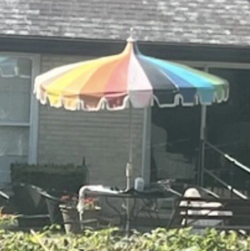 Vintage MCM Patio Umbrella Carnival big top Circus Rainbow Tassel Fringe Finkel